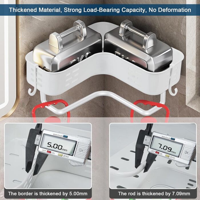 Поличка для душу без свердління, кутова, для ванної кімнати, органайзер, з 2 гачками (біла)