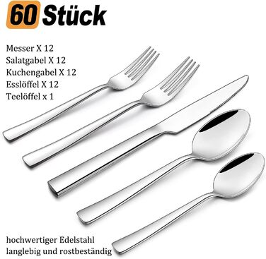 Terlulu Cutlery Set 12 Persons, 60-Piece Stainless Steel Cutlery Set, Dining Cutlery Set with Knife, Fork, Spoon, High-Quality Stainless Steel, High-Gloss Polished & Dishwasher Safe