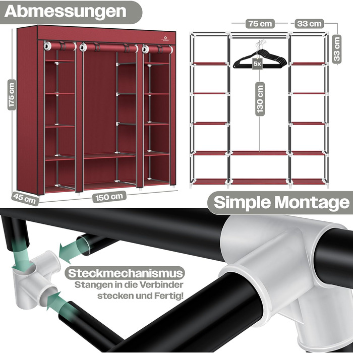 KESSER® Wardrobe Clothes Rack Stable with Clothes Rail & Shelves, Incl. 5x Clothes Hangers, Fabric Folding Wardrobe for Bedroom, Dressing Room, Clothes Rack 150x45x175cm (Burgundy Red)