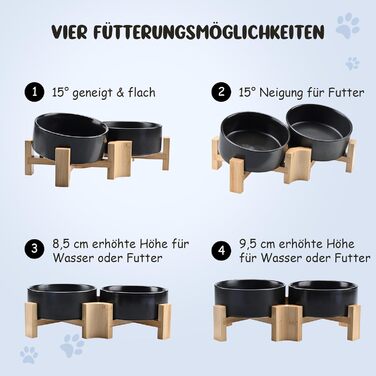 Керамічні годівниці для собак та котів SPUNKYJUNKY з дерев'яною підставкою (400 мл x 2, чорний)