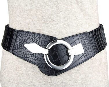 Жіночий еластичний пояс-гуртка Vanessa & Melissa, 6 см, срібна пряжка, кроко-чорний, 80 см (на талію 85-105 см)