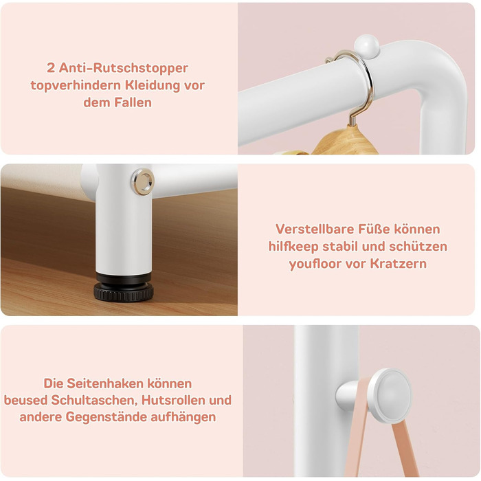 Дитяча вішалка для одягу Kinder Garderobe 80x30x125 см, біла. З гачками та кошиком для зберігання, U-подібна основа.