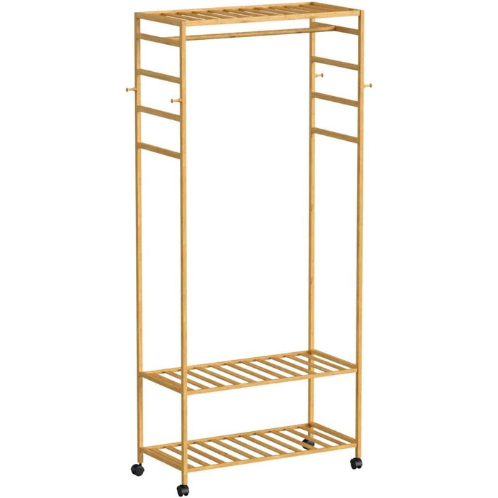 Bamboo Coat Rack, Clothes Rack with 3 Shelves and 10 Hooks, Laundry Rack with Clothes Rod, for Entryway, Living Room and Office, 80x43.5x165cm (Natural3)