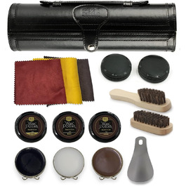 Stone & Clark 12-Piece Shoe Cream & Leather Care Set with Brown Wax, Polishing Shoe Brushes, Compact Shoe Shine Kit with Horsehair Brushes & PU (Classic Black Kit)
