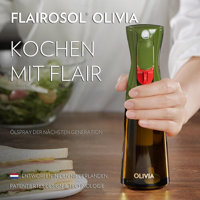 Скляний олійний спрей FLAIROSOL OLIVIA 200 мл, безперервне розпилення, контроль порцій, для кухні, салатів, грилю, випічки, зелений