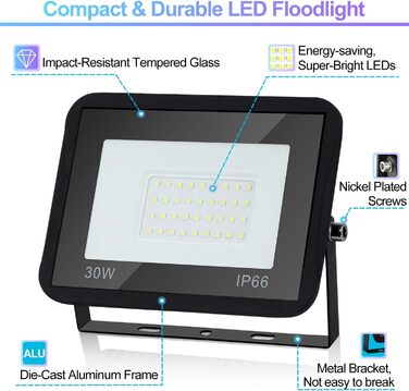 LED Floodlights Outdoor, Pack of 5, IP66 Waterproof Floodlights for Outdoor and Indoor Use, 8500LM Super Bright Outdoor Lights, 120 Degree Outdoor Lighting 6000K Cool White Spotlights (2 Pack, 30W)