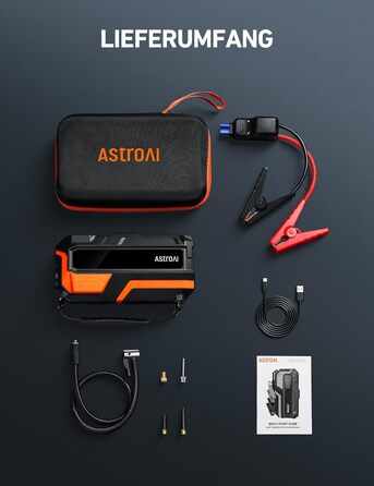 AstroAI MF16 6000A Powerbank для старту авто з компресором 150 PSI, 6000A, 12V, для бензинових/дизельних авто, мотоциклів, SUV, з LED-дисплеєм, помаранчевий