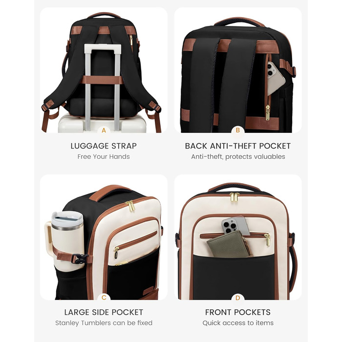 LOVEVOOK Рюкзак для ручної поклажі 40L з окремим відділенням для взуття, рюкзак-валіза для подорожей, жіночий, з відділенням для мокрого та сухого, 3 шт. (Бежевий, Зелений, Чорний, Білий, Коричневий)