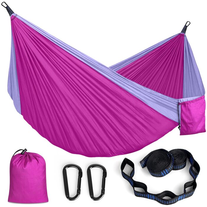 Гамак дорожній подвійний 295x140 см, рожево-ліловий, вантажопідйомність 350 кг - з карабінами та ременями для кріплення