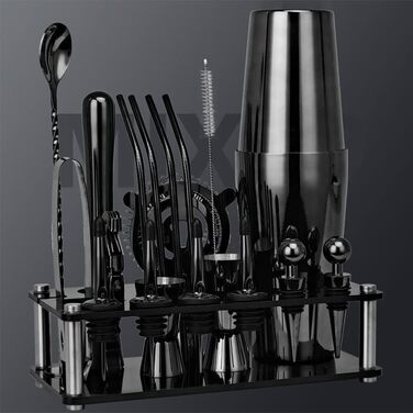 Набір для коктейлів Hansum, 20 предметів, нержавіюча сталь, чорний – професійний барменський набір зі стійкою