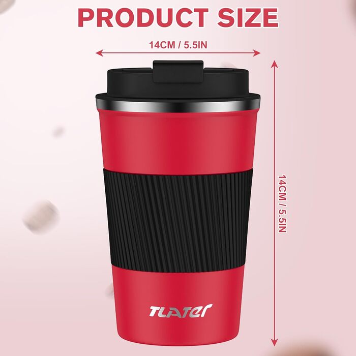 Термокружка для кави з кришкою, 380 мл, з подвійними стінками, з нержавіючої сталі, червоно-чорна