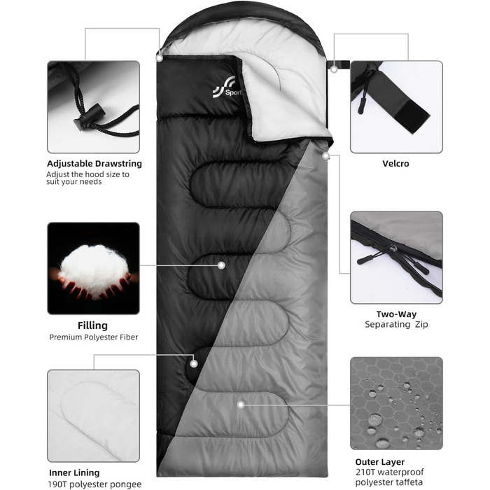 Сплячий мішок Outdoor Sportneer для дорослих та дітей - легкий спальний мішок для кемпінгу, походів та рюкзакових подорожей 220x75 см, чорний+сірий