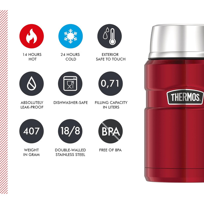 Thermos STAINLESS KING FOOD JAR 0.71L, Cranberry Red. Stainless steel food container, 14 hours hot / 24 hours cold, absolutely leak-proof for soup, muesli, stew. Large food Thermos container, dishwasher safe, 710 ml (no spoon included). More content, Cranberry Red.