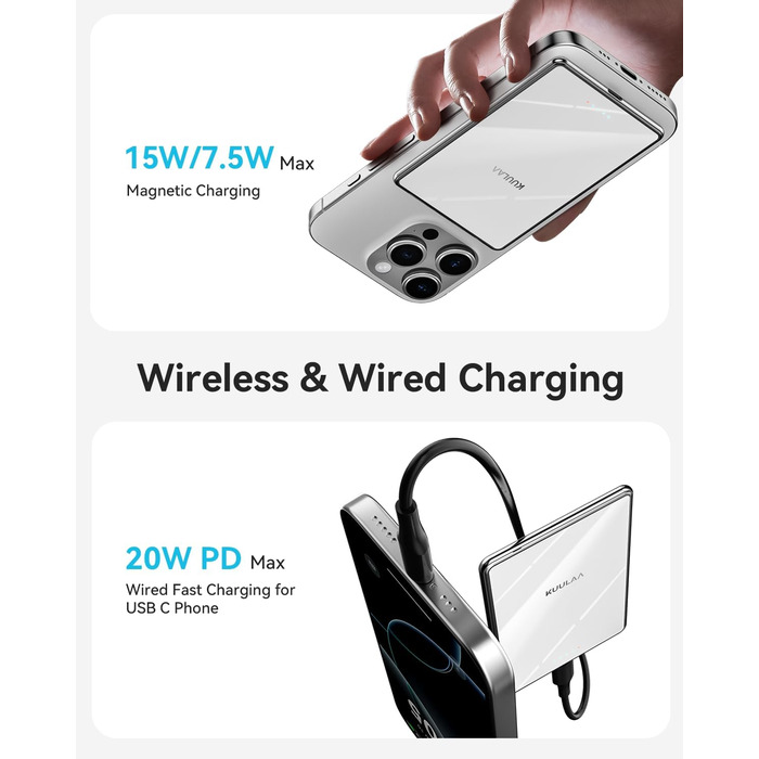 PowerBank Kuulaa Ultra Slim 5000 mAh з MagSafe, Type-C 20W, Швидка зарядка, 7.2 мм, для iPhone 16/15/14/13/12 (білий)