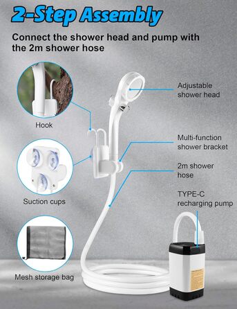 LIBERRWAY Camping Shower with Pump [90-140 Min] - IPX7 Waterproof Pump with Temperature Gauge & Pressure Regulation | Portable Outdoor Shower for Camping, Dog Shower with 2m Hose