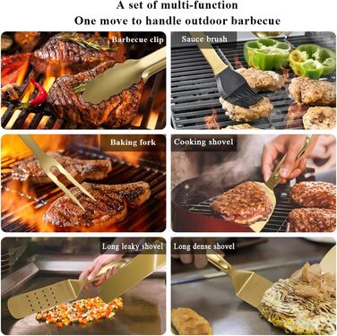 Набір аксесуарів для гриля Kyraton Gold Grill 9 шт. з титановою золотою обробкою, нержавіюча сталь з бакелітовими ручками, стійкий до високих температур, ідеальний для барбекю, тепаньякі та кемпінгу