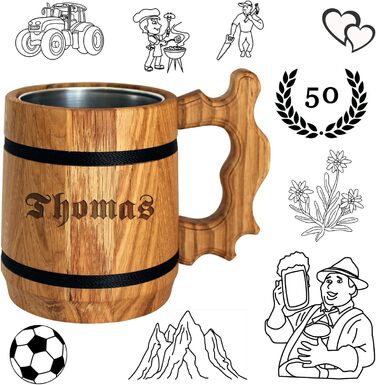 Personalized Beer Gift - Wooden Beer Stein with Stainless Steel Mug 0.5 L - Engraving with Name - for Men, Father, Beer Drinker - Popular Alternative to Beer Glass, Mug, Tankard