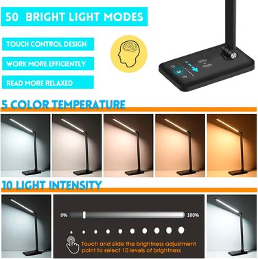 Настільна LED лампа BIENSER 20W з бездротовою зарядкою та USB-портом, 10 рівнів яскравості, 5 режимів світла, таймером та функцією пам'яті, чорна