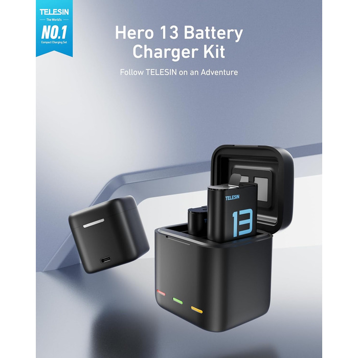 Акумулятори TELESIN 2 шт. з зарядним пристроєм для GoPro Hero 13 Black, сумісні з оригінальними акумуляторами, тризарядний USB-чохол з Type-C кабелем, акумуляторна сумка для Go Pro 13 Black