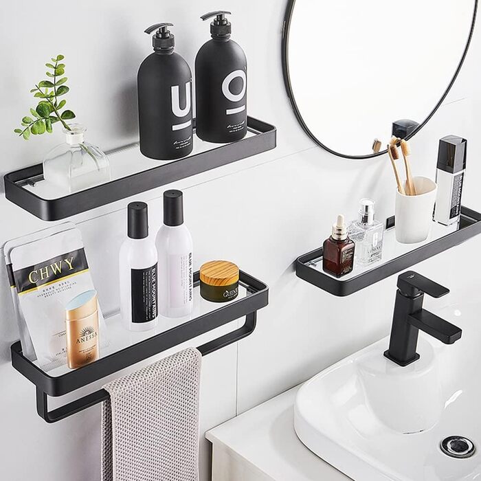 Biutimarden Shower Shelf No Drilling, Bathroom Shelf, Glass Shelf, Wall Mounting, Bathroom Shelf, Rectangular 8MM Tempered Glass, Self-Adhesive, Space Aluminum for Bathroom, Kitchen, Bathroom Accessories, 40CM Black