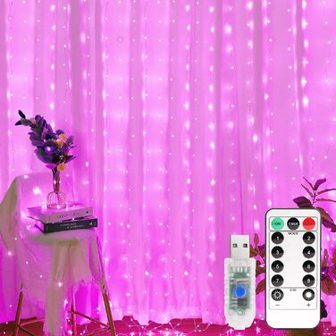 Ланцюжок LED-ліхтарів Yizhet 3x3м, 300 LED, тепле біле світло, IP65, 8 режимів, для декору вечірки, шлюбу, Різдва, тераси (рожевий)