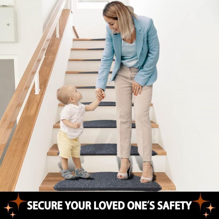 Rina Non-Slip Stair Treads - 15 Piece Set - 22x65 cm - Grey Adhesive Anti-Slip Rugs for Wooden Stairs - Indoor Safety