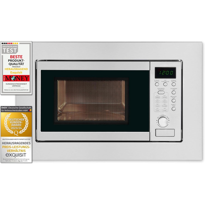 Вбудована мікрохвильова піч Exquisit EMW 20.1G Inoxlook, 20 л, 800 Вт, 8 автопрограм, таймер, діаметр обертового столу 24,5 см