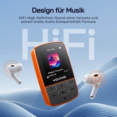MP3-плеєр WOLFANG 64GB Bluetooth 5.2, помаранчевий: Спорт-кліпса, Hi-Fi радіо, диктофон, навушники в комплекті