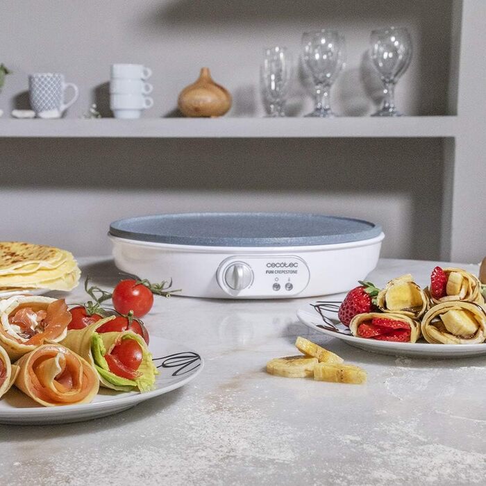 Млинниця Cecotec Crepe Fun CrepeStone Twin 1200 Вт, антипригарна поверхня з екологічного каменю, реверсивна плита для приготування млинців або 4 панкейків, 1000 Вт, Rockstone