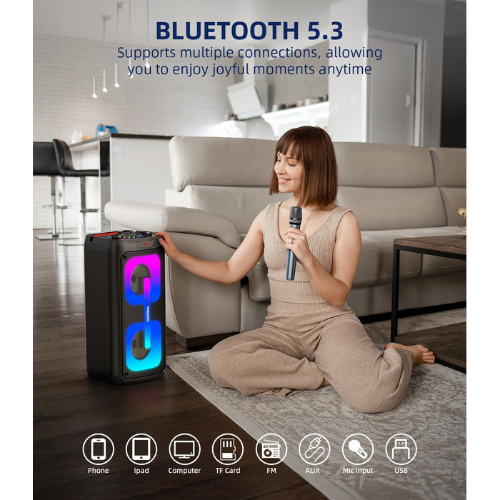 Портативна караоке-машина з 2 мікрофонами та LED-підсвіткою, Bluetooth, PA-система, для дому та вечірок, чорна