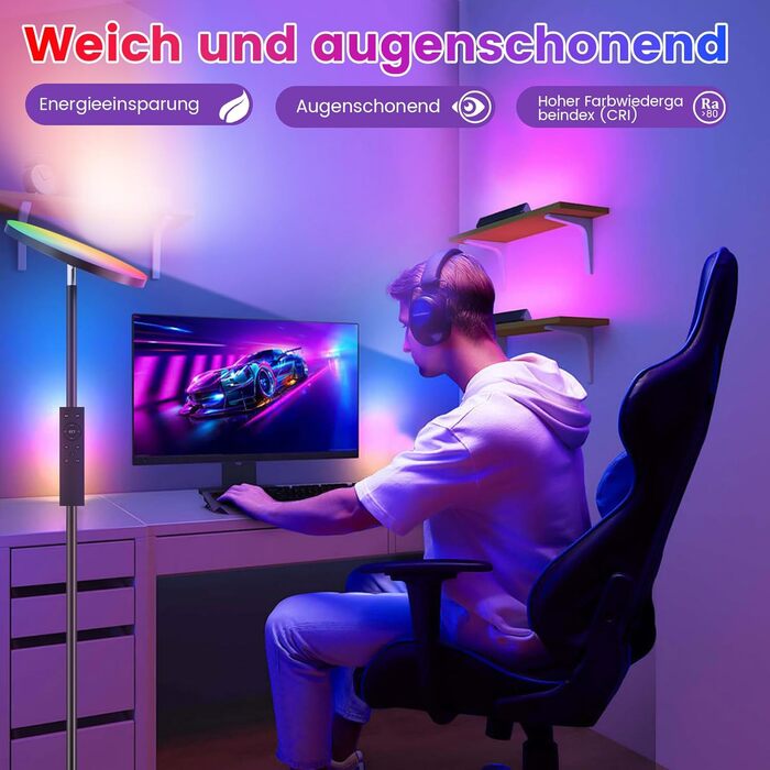 LED-підлогова лампа для вітальні з регулюванням яскравості та RGB-підсвічуванням, 42W, 4200LM, з читацькою лампою та пультом дистанційного керування