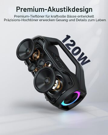 Bluetooth колонка портативна 120W з басами, водонепроникна IP65, підтримка DSP/TWS/AUX/TF/BT5.4, для вечірок та пляжу (Чорна)