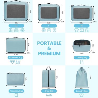 Органайзери для валізи Prezon (8 шт., блакитно-зелені) - набір кубиків для пакування багажу