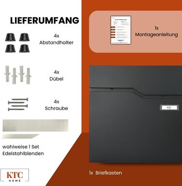 Поштова скринька KTC Home Premium Postlux 4.0 з табличкою для імен, чорна - стійка до УФ-випромінювання та погодних умов, порошкове покриття