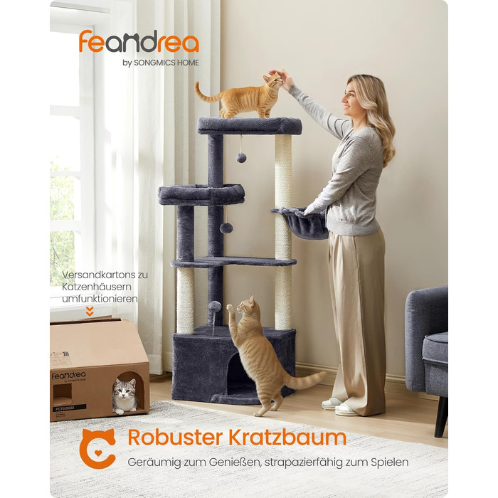 Дряпка для котів Feandrea, кігтеточка з гамаком, платформами та іграшками, 140.7 см, сіра (PCT009G01)