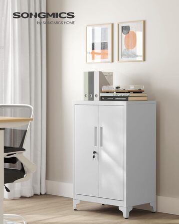 SONGMICS File Cabinet, Multi-Purpose Cabinet, Office Cabinet with 2 Doors, Lockable Cabinet, Steel Storage Cabinet, for Study Room, Living Room, Matte White OMC012W01 (60B cm, Matte Grey)