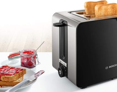 Bosch Compact Toaster ComfortLine TAT7203, integrated stainless steel bagel attachment, with automatic shut-off, with defrost function, perfect for 2 slices of toast, 1050 W, stainless steel/black Single