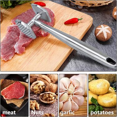 АКОЛАФЕ Fleischklopfer: М'ясорубка для відбивання м'яса з нержавіючої сталі, 26 см, подвійна сторона, для стейків, курки, свинини, реберець, антипригарне покриття, з отвором для підвішування, придатна для миття в посудомийній машині