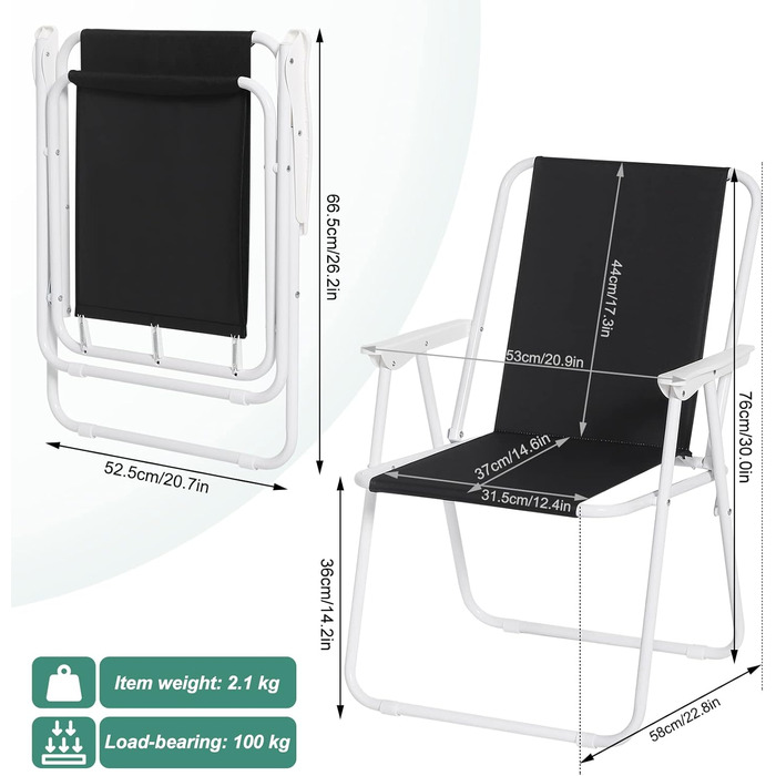 WOLTU Folding Camping Chairs, 2-Pack, Folding Chair, Comfortable Folding Stool, Lightweight Fishing Chair with Armrests for Picnic, Outdoor, Hiking, Garden, Balcony, (Black)