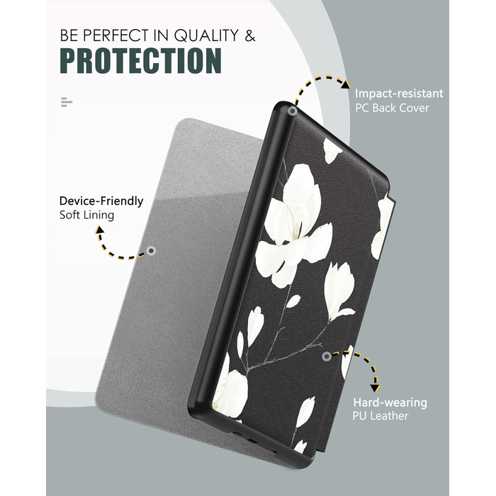 Чохол MoKo для Kindle Paperwhite 11 (2021) 6.8 дюйма, з функцією авто-сплячки, з міцного кожзаму, Signature Edition, Магнолія (чорний та білий)