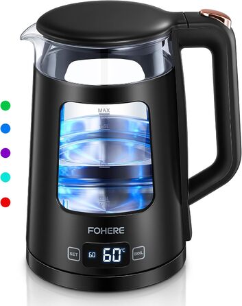 Electric Kettle with Temperature Control - 1.7L Glass Kettle with Keep Warm Function, 2200W Fast Boil, Auto Shut-Off & Dry Boil Protection, 5 Color LED Lights - Black
