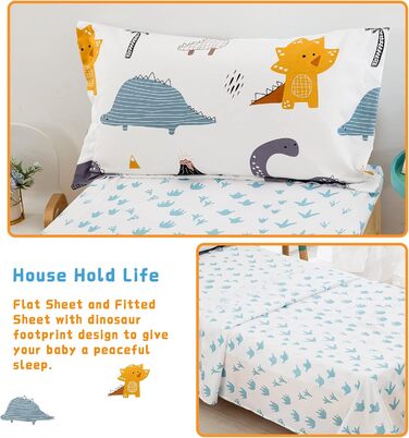 Комплект постільної білизни WONGS для малюків Динозавр, ультрам'яка мікрофібра, 4-частини (простирадло, підковдра, наволочка, простирадло на гумці), розмір для дитячого ліжечка, білий/Оксамитовий сад