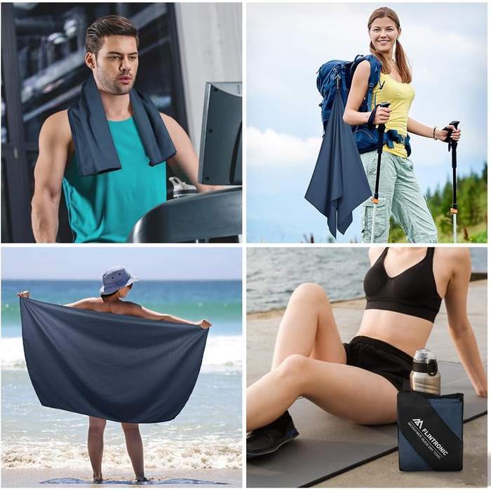 Рушник мікрофібра Flintronic, 200x100 см, великий для ванни, швидковисихаючий, спортивний, туристичний, пляжний, для тренажерного залу, сауни (Морська синя, 180x60 см + 80x40 см)