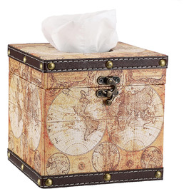 BTSKY Square Tissue Box Holder made of Wood + PU, Retro Style, for Home, Office, Cube, Napkin Holder, Elegant and Stylish Home Decor (Yellow Card)
