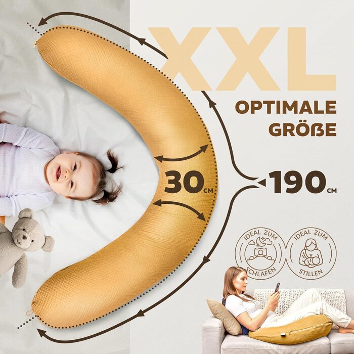Подушка для годування sei Design XXL 190x30 з мусліновою наволочкою, ергономічна, для вагітних, для сну на боці, комфортна подушка для дорослих, наволочка з 100% бавовни [органічна бавовна] (Муслін Бернштайн, подушка для годування 190x30)