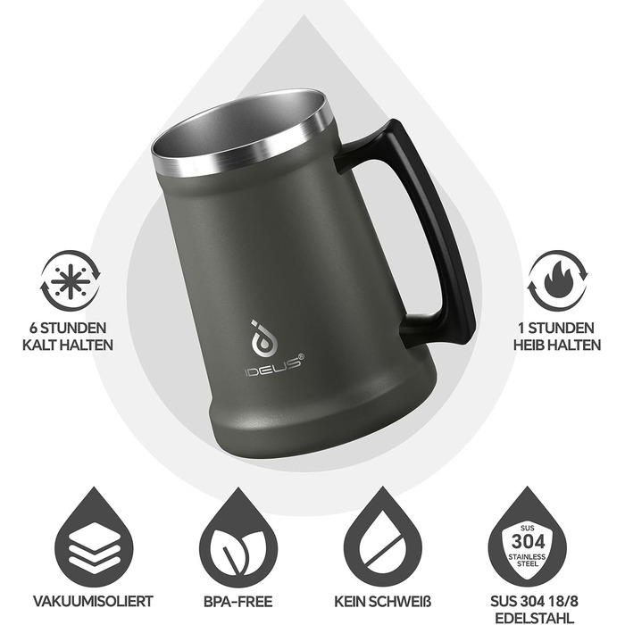 Термокружка для пива Ideus® з нержавіючої сталі, 710 мл, 24oz, сіра - ідеальна для Октоберфесту