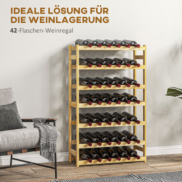 HOMCOM Wine Rack 63 x 25 x 102 cm for 42 Bottles with 7 Shelves, Freestanding Rack and Tip-Over Protection in Natural Wood Finish