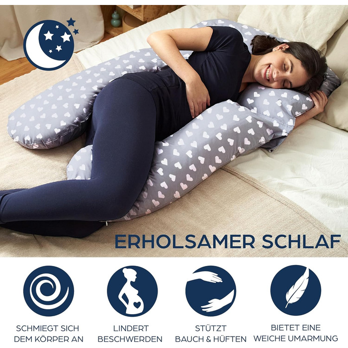 Niimo 4-in-1 U-Shaped Pillow - Breastfeeding Pillow, Pregnancy Pillow, Comfort Pillow & Side Sleeper Pillow with 100% Cotton Cover, Washable (Gray with white hearts)