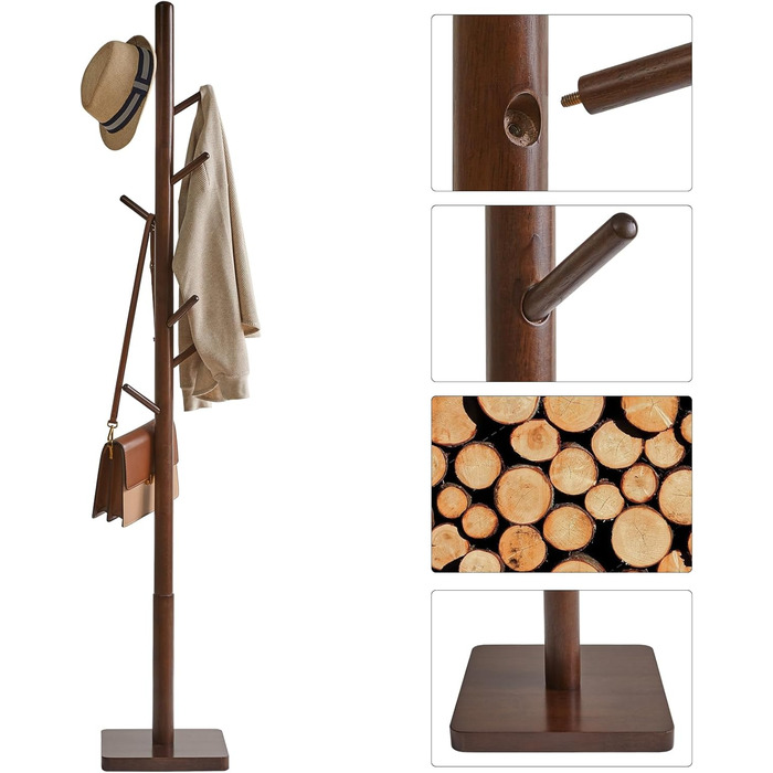 YMYNY Solid Wood Wardrobe Rack, Freestanding Clothes Rack with 8 Hooks, Thickened with 3 Adjustable Heights, for Bag, Clothing, Living Room, Natural Color HCR002N (Brown, Square Base)