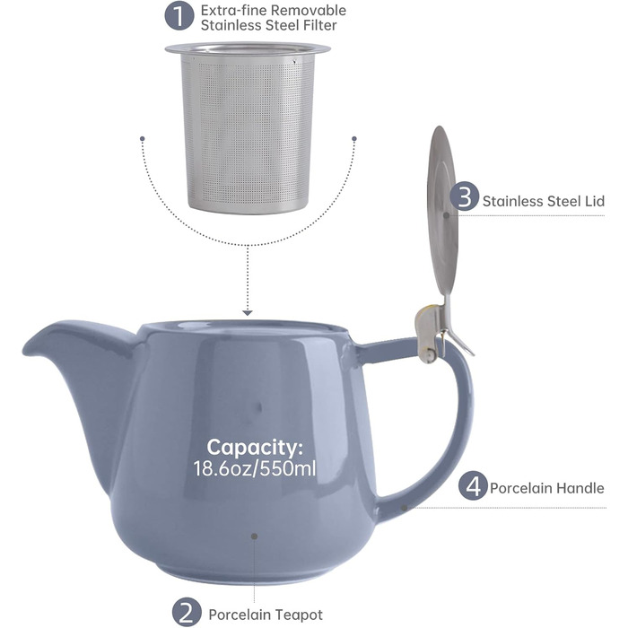VIVILINEN Porcelain Teapot, Ceramic, Handmade, 18/8 Stainless Steel Strainer, Fine Mesh Stainless Steel Infuser with Filter (Gray)